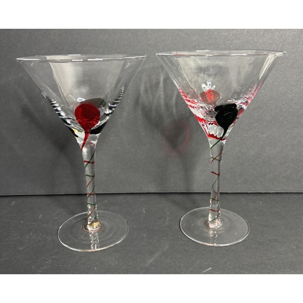2 Pier 1 Martini Glasses Red Green Teardrop Optic Swirl Stripe 7 5/8"